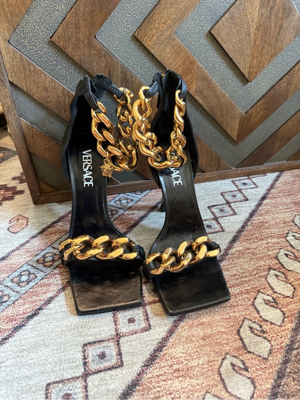 Versace Black Leather Chain-Link High Heel Sandals